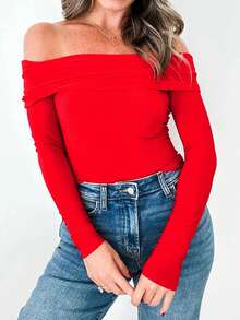 Acelitt Spring New Fiery Red Foldable Cold-Shoulder Sexy One-Shoulder Long Sleeve Fitted Casual Blouse For Women - Red - View 1