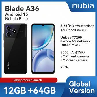 nubia 努比亚 Blade A36 智能手机，星空黑，解锁版，Android 15 系统，（4GB 运行内存 + 8GB 融合存储）+ 64GB 机身存储，5000mAh 电池，双卡双待 4G，支持 NFC、4G LTE，全球版