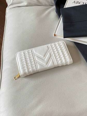 Luxury Woven Texture Zipper Wallet, Black & White Rhombus Embossed Large Capacity Purse