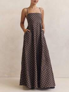 Women's Polka Dot Print Maxi Dresses Vintage Spaghetti Strap Square Neck Open Back Long Dresses Streetwear Party Clubwear Going Out Dresses - 巧克力色 - 查看 7
