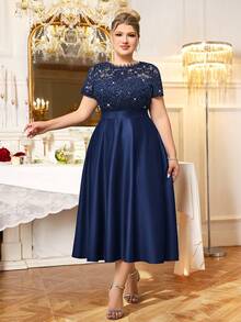 Plus Sequin Floral Lace Scallop Neckline Contrast Satin Elegant Evening Party Dress, Wedding Guest Dress, Prom Dress, S Summer - Navy Blue - View 4