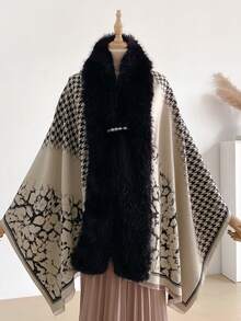 1pc Vintage Leopard Print & Houndstooth Pattern Jacquard Scarf With Faux Fur Collar, Autumn/Winter Women's Warm Decorative Scarf Shawl Poncho, Comes With A Pearl Brooch Pin, Fashionable Accessory, Perfect Gift For Women, Suitable For Daily Wear - Black - View 3