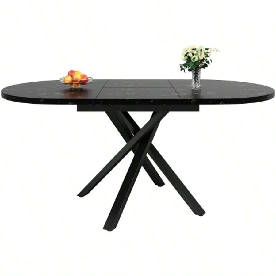 Round Extendable Table With Marble Look - 100 Cm (Extendable To 140 Cm) - Black - View 1