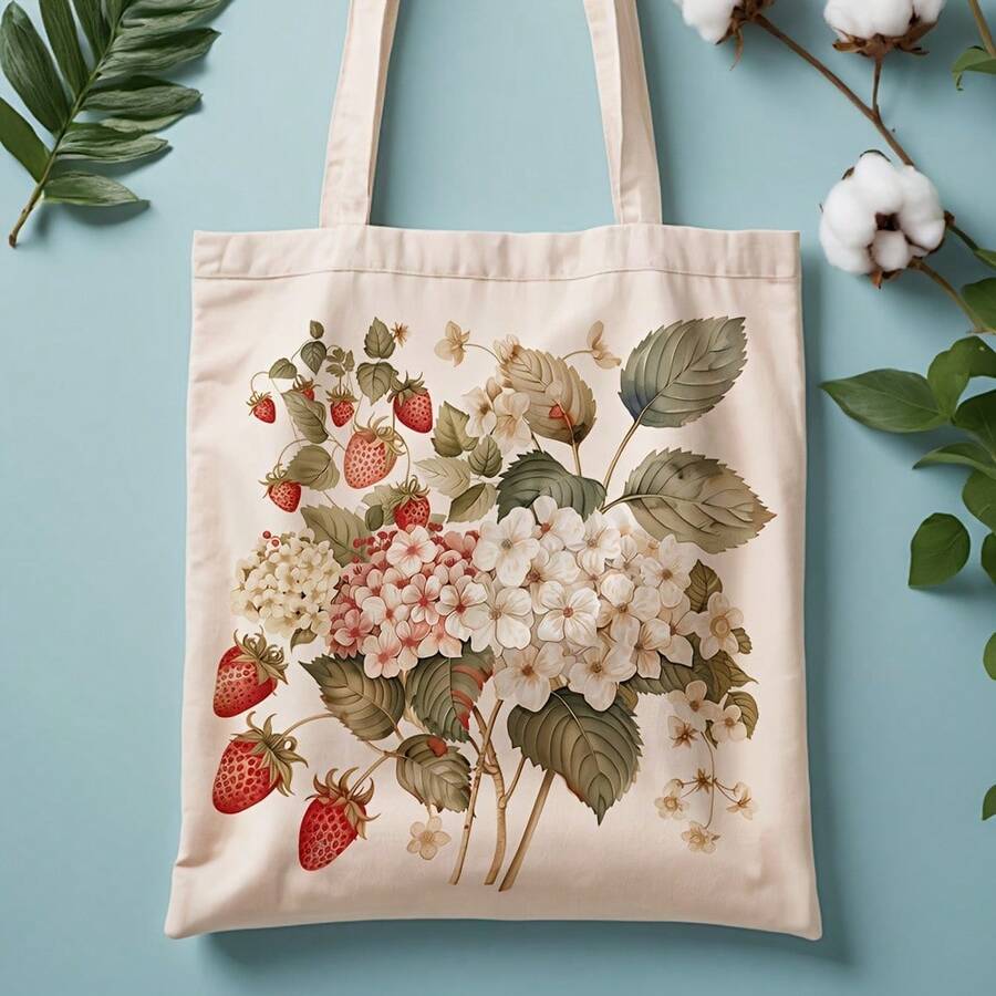 1pc Strawberry And Floral Pattern Canvas Tote Bag - 13.8"X15.8" Reusable Shopping Bag, Durable Polyester Leak-Proof Everyday Grocery Bag For Easter, Mother's Day, Graduation Gift, Natural-Inspired - 米色 - 查看 1
