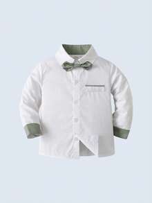 BOARNSEORL 2pcs Baby Boys Gentleman Outfit Set - Long Sleeve Shirt With Bowtie And Overall Pants, Fashion & For Birthday Party, Anniversary, Back To School - Green - View 7