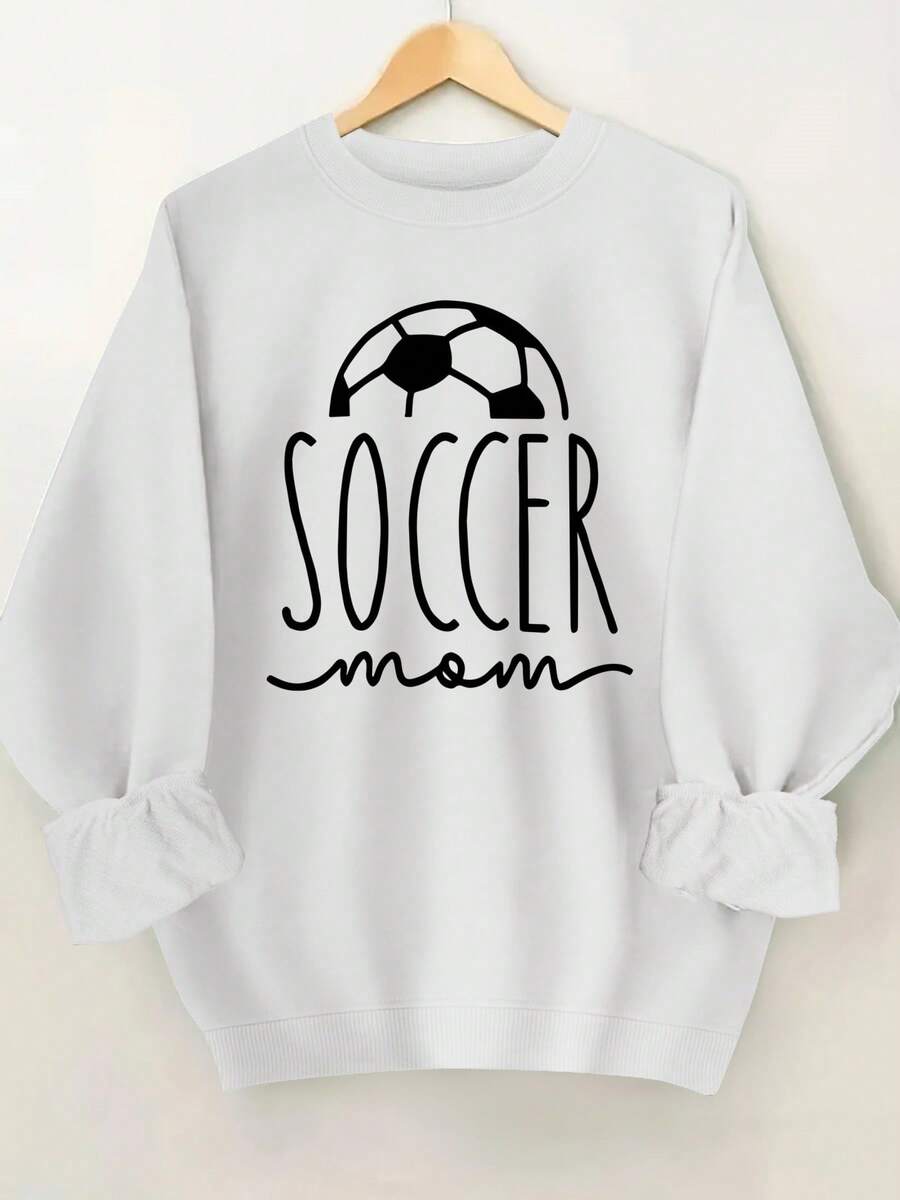 Women's Soccer Mom Pattern Sweatshirt - Black Crew Neck Pullover With Soccer Design, Suitable For Soccer Matches And Training, Casual Mom Clothing Gift - Machine Washable For Daily Wear, Game Day Outfit, Bold Letter Print, Easy Care Clothing For Girls - 白色 - 查看 1