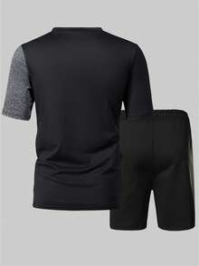 Bộ áo thun ngắn tay và quần short nam mùa hè phối màu, họa tiết in cá tính, phối màu tương phản, trang phục thường ngày thoải mái, thích hợp cho các hoạt động ngoài trời như chạy bộ, chơi golf, câu cá, bóng rổ, cắm trại, tập gym, bơi lội và đi biển, món quà tuyệt vời dành cho chồng hoặc bạn trai. - Màu xám đen - Xem 3