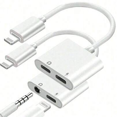 Adaptateur jack audio Lightning vers 3,5 mm + Lightning/Lightning vers double Lightning, adaptateur casque 2 en 1 AUX et câble adaptateur diviseur de chargeur compatible avec iPhone 14 13 12 11 Pro Max Plus XS XR 8 7
