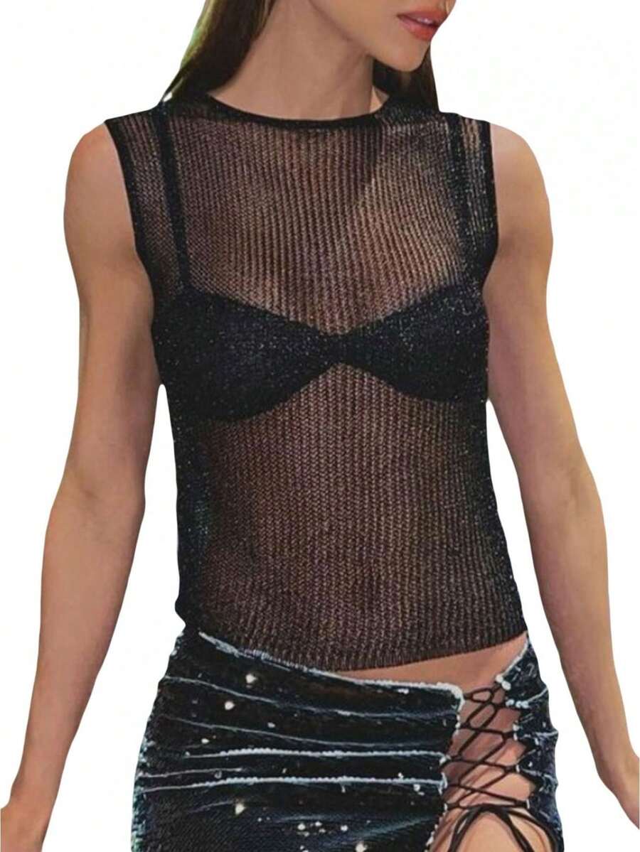 Tops cortos ajustados de verano para mujer, color liso, sin mangas, cuello redondo, transparentes - Negro - Ver 1