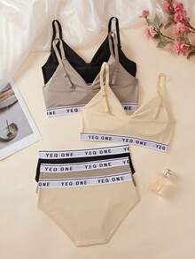 3SETS Ladies Hollow Out French Lingerie Set, Wireless Comfort, Letter Print Beautiful Back With Chest Pad, Sports Bra Briefs Suit - Multicolor - View 3
