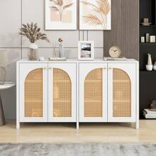 Modern Sideboard In A Minimalist Style, 4 Rattan Doors, Metal Handle, Simple Buffet Cabinet For Dining Room, Living Room, Kitchen (White)