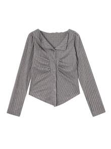 Cardigan Rajut Merrilee untuk Wanita, Pas Badan, Ramping, Menawan, Kerah Berkerut Asimetris, Sweater Pendek, Pakaian Dalam Musim Semi - Light Grey - View 3
