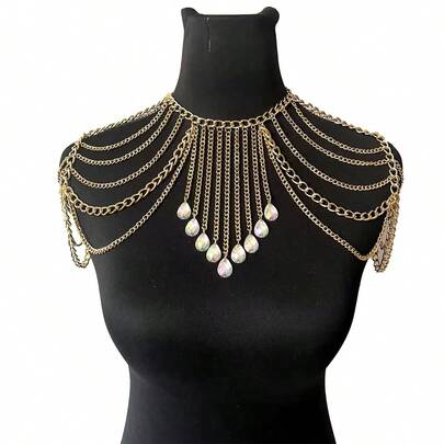 1件性感亚克力宝石金属链多层流苏身体链，适合女性日常佩戴或派对穿着