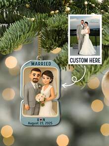 1pc Custom First Christmas Married Ornament, Just Married Acrylic Ornament, Custom Photo Wedding Gift, Couple Ornament 2025,Custom Gift For Bride Groom,Custom Wedding Cartoon Photo And Name Date Ring Box Style Ornament,Personalized Gifts - Multicolor - View 6