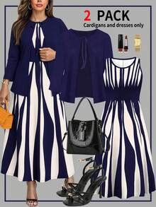 Ensemble 2 pièces pour femmes grandes tailles : nouveau cardigan veste à manches 3/4 avec nœud devant, associé à une robe asymétrique à imprimé rayé col rond sans manches. Élégant pour l'automne/hiver et le printemps - Bleu marine - Voir 3