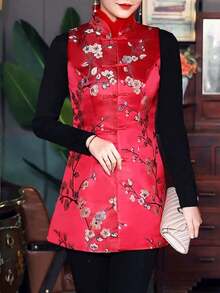 This Sleeveless Tang-Style Vest For Women Is Perfect For Spring 2026. It Features A Plum Blossom Pattern, A Traditional Chinese Cheongsam Design, A Stand-Up Collar With Frayed Edges, Side Slits, And A Front-Buttoned Open Front. Ideal As A Gift For Mothers, This Stylish Vest Is A Great Choice For Women And Offers A High-Quality Look. Suitable For Everyday Wear, Casual Occasions, Vacations, Social Events, Parties, And More. - 紅色 - 查看 4