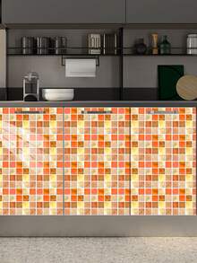 Set de 10 piese de mozaic din PVC cu gradient de tonuri calde pentru decorul casei, decorațiuni de perete suspendate, autocolante pentru podea cu imitație de gresie, autocolante pentru gresie rezistente la apă și umiditate, ușor de curățat, potrivite pentru pereți de fundal TV în sufragerie, bucătării, băi, toalete, balcoane și zone de intrare.