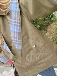 双面复古时尚夹克，橄榄绿纯色/蓝棕色格子图案，可拆卸披肩领，圣诞节女士外套，百搭秋季大衣 - 藍棕撞色 - 查看 2