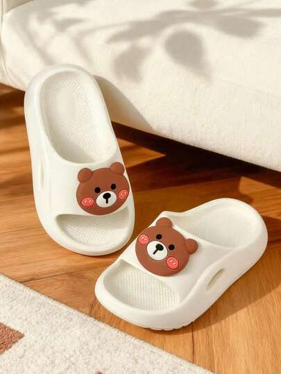 New Kids Slippers, Cute Teddy Bear Cartoon Pattern, Suitable For Boys And Girls, Fashionable Minimalist Design, Versatile For Indoor, Bedroom, Shower, Outdoor Walking, Slip-On, All Season Spring Summer