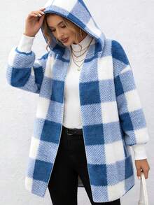 Plaid Color Block Cardigan Moda Suéter Mujeres Cárdigan oversize de estilo europeo y americano con estampado de cuadros en bloques de color y ribete de piel Prenda de punto de moda para mujer Cárdigan de lana con capucha, solapas grandes y estampado de cuadros en bloques de color Estilo informal y holgado Silueta cálida y favorecedora - Azul - Ver 6