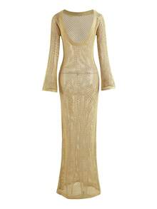 Sexy Knit Hollow Out Crochet U-Neck Beach Maxi Dress Swimsuit Cover Up Women's Elegant Long Sleeve Backless Bodycon Dresses Resort Wear Outfit - Màu Khaki - Xem 6