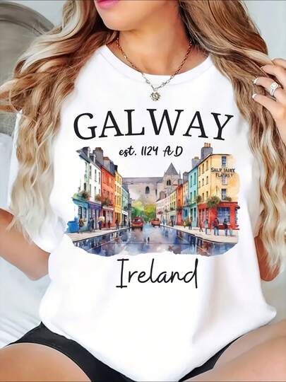 Galway Ireland Street Scene Graphic T-Shirt With Colorful Buildings And Historic Architecture Design For Travel Souvenir And Cultural Gift, 220g