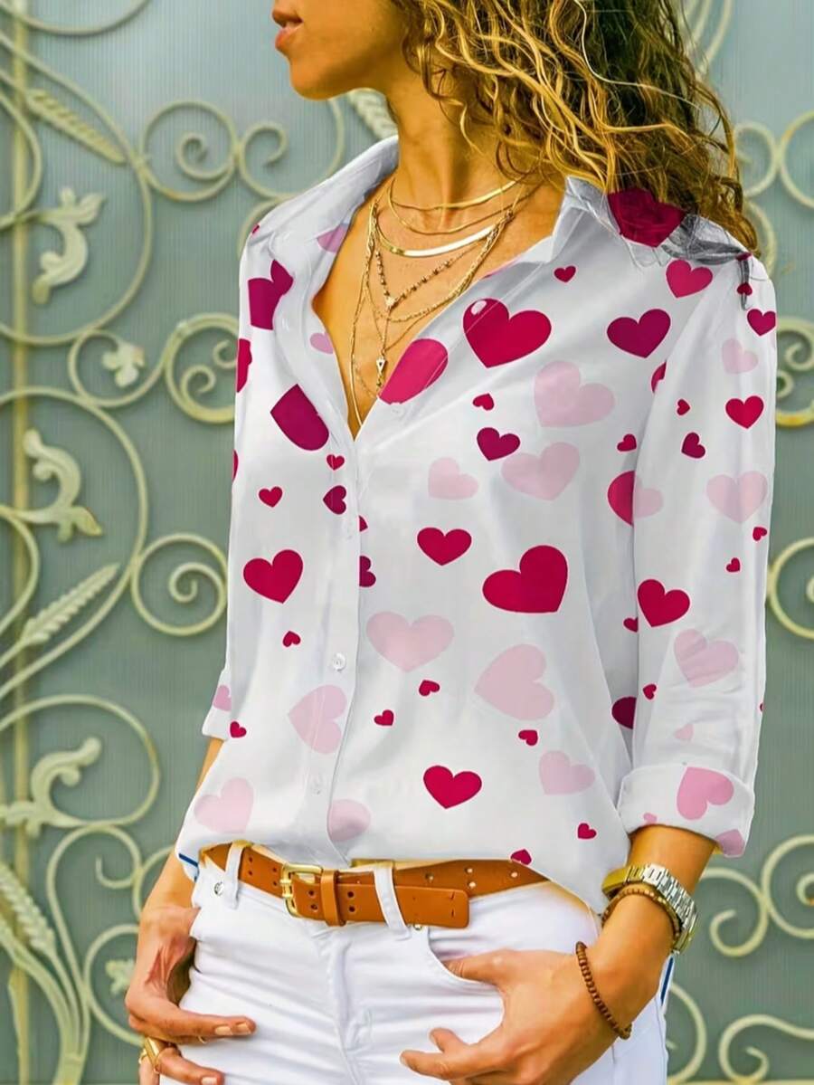 Camisa casual de mujer de talla grande con estampado de corazón | Abotonadura sencilla, manga larga, cuello de solapa, bajo no convencional - Blanco - Ver 1