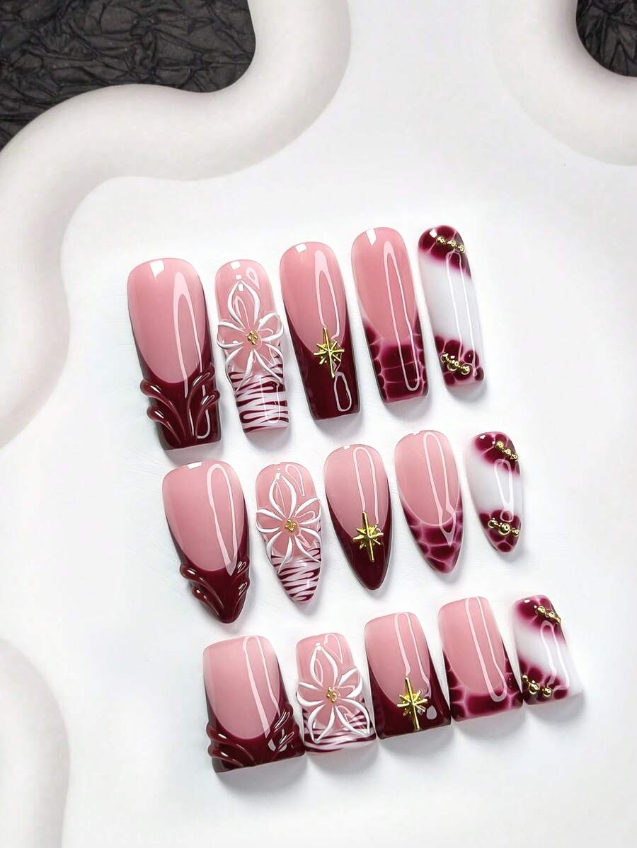 10pcs French Press-On Nail Stickers, Handmade Pinched Flower Decor, Water Drop Nail Stickers, Star Nail Accessories, White Gel Nail Polish, Purple-Red Nail Polish, Mature & Steady, Includes Tool Kit, 3 Sizes Available: Almond, Duck Mouth, Coffin Shape, Suitable For Women & Girls, Autumn/Winter, Party Nail Supplies Nails - 彩色 - 查看 1