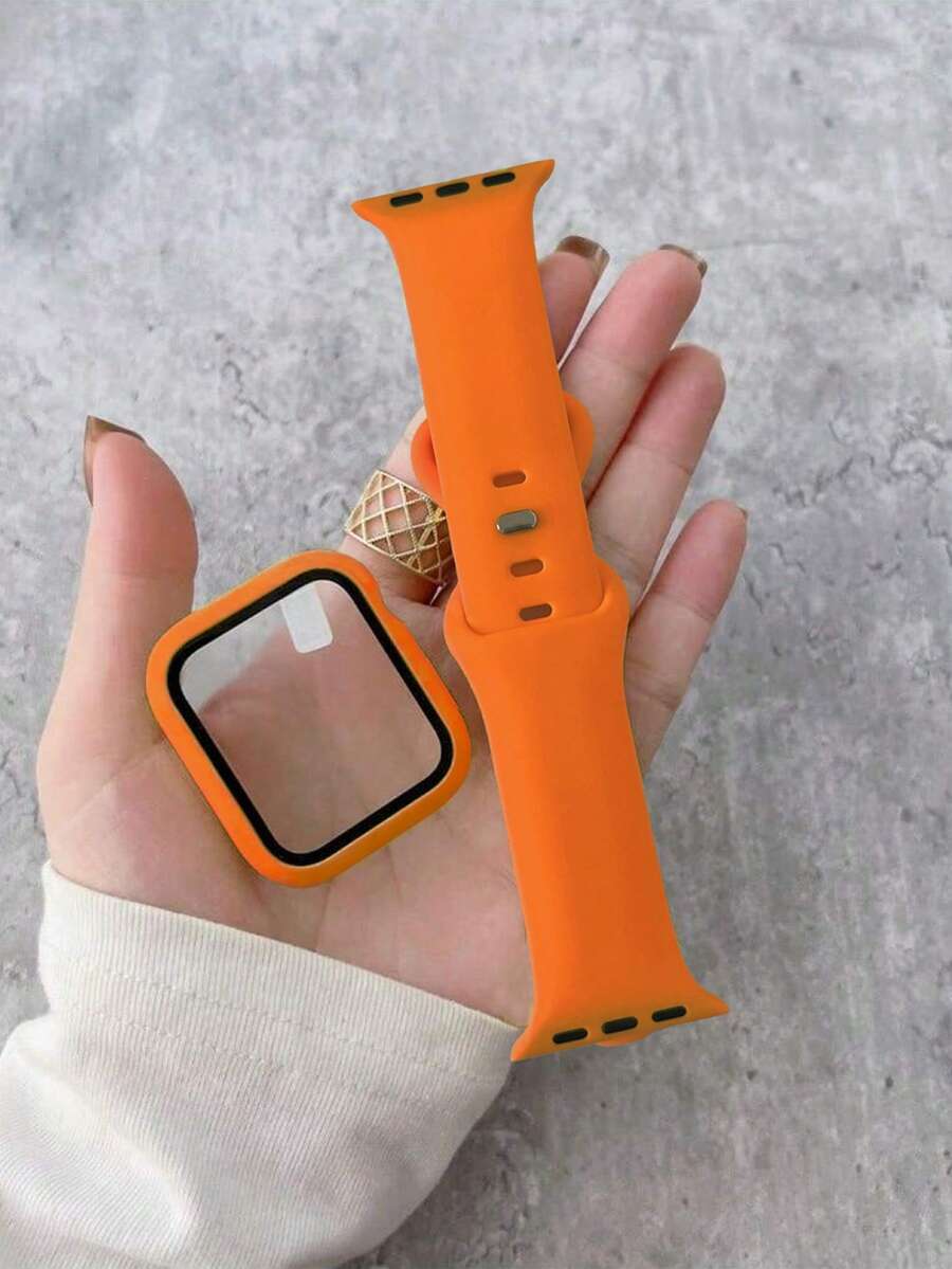 2-In-1 Band And Case Set, Orange Soft Comfortable Silicone Sport Strap, Ultra-Thin Tempered Glass Screen Protector Case, Compatible With Apple Watch Series Ultra/SE/11/10/9/8/7/6/5/4, Compatible With Apple Watch Band 40/41/42/44/45/46/49mm
