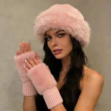 2pcs Women's Elegant White Mongolian Hats For Winter, Paired With Fingerless Gloves, Made Of Polyester Fabric, Windproof And Warm, Brimless Design, Minimalist Style, Elastic And Fitted, Suitable For Outfits, Photography, Outdoor Activities Cold Weather Outfit Women - Multicolor - View 2