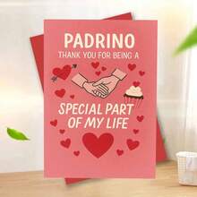 一张温馨感谢卡，含信封（11厘米 x 16厘米，4.33英寸 x 6.29英寸）——“教父，感谢您成为我生命中特别的一部分”，柔和的红色背景，配以握手、爱心和纸杯蛋糕图案，完美表达对教父的感激之情，情感贺卡 | 家庭贺卡 | 纸质贺卡
