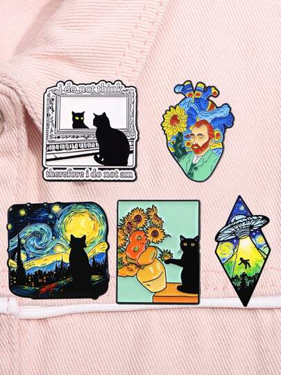1PC Van Gogh Starry Night Black Cats Starry Sky UFO Enamel Pin Medical Heart Organ Brooches On Clothes Badge Bag Lapel Woman Jewelry Fans Gift