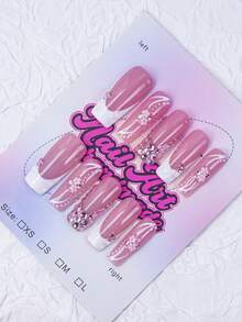 10片/套 手工方形Y2K复古风亚克力美甲贴片，法式贴片，饰有水钻、十字架、爱心、星星、金玫瑰、蛇皮纹、不对称液态金属设计，裸色、白色、金色可选，送给女性和女孩的礼物，包含工具包，适合派对、舞蹈、日常佩戴。美甲用品，按压式美甲贴片。 - 紅白色 - 查看 3