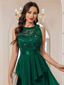 MIUSOL Đầm dạ hội cổ yếm phối ren hoa đính sequin, thích hợp cho sinh nhật, dự đám cưới, dạ tiệc và các dịp khác, kiểu dáng thanh lịch mùa hè. - Màu xanh lá cây đậm - Xem 9