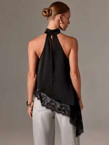 Women's Black Camisole Top, Asymmetric Hem, Open Back Design, Contrast Lace Trim, Regular Length - Black - View 2