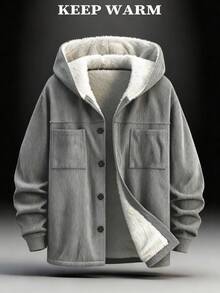 Men's Corduroy Hooded Jacket With Dual Pockets, Long Sleeve, Contrast Button Design, Warm Single-Faced Thermal Lined, Suitable For Casual, Commuting, Outdoor Walking In Autumn/Winter