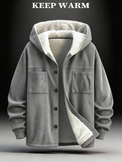 男士灯芯绒连帽夹克，双口袋，长袖，撞色纽扣设计，单面保暖内衬，适合秋冬季休闲、通勤、户外散步等场合。