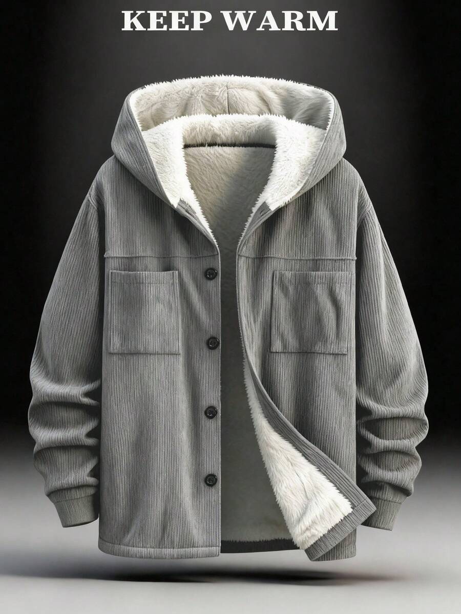 Men's Corduroy Hooded Jacket With Dual Pockets, Long Sleeve, Contrast Button Design, Warm Single-Faced Thermal Lined, Suitable For Casual, Commuting, Outdoor Walking In Autumn/Winter