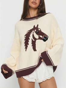 Women Y2K Graphic Oversized Sweater Horse Print Crew Neck Long Sleeve Knit Pullover Top  Loose Fit Streetwear - Màu Khaki - Xem 1