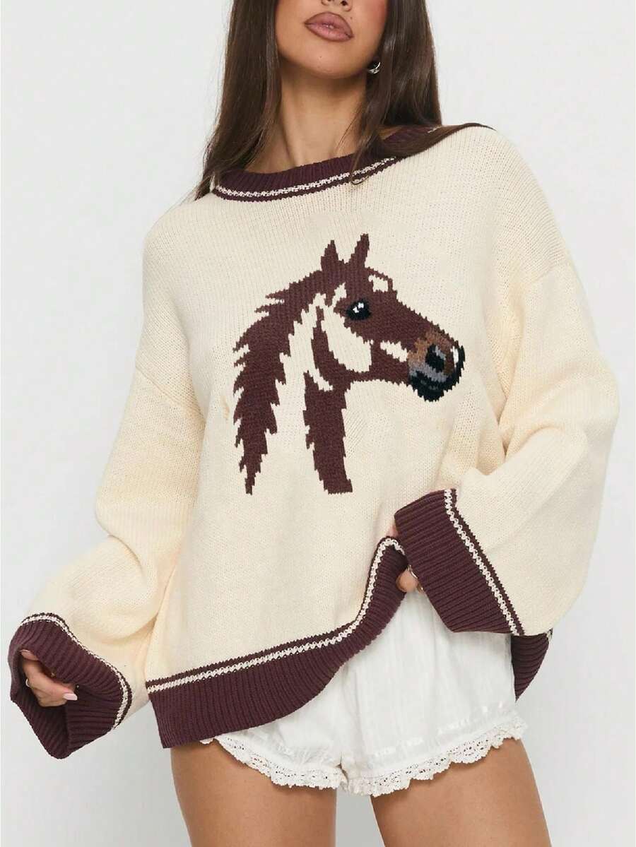 Women Y2K Graphic Oversized Sweater Horse Print Crew Neck Long Sleeve Knit Pullover Top Loose Fit Streetwear - Màu Khaki - Xem 1