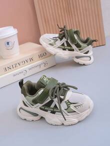 1 Pair Unisex Children's Casual Sports Shoes, Comfortable Non-Slip Durable Lightweight Solid Color Minimalist Running Shoes, Suitable For All Seasons. With Molded Insole, Hook And Loop Closure For Easy Wear, Classic Retro Chunky Sneakers Design, EVA Outsole For Leisure, Campus, Daily Wear, Jogging - Army Green - View 5