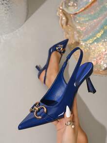 Fashionable Versatile Pointed Toe Slip-On Women High Heels, Elastic Band Closed Toe Pumps, Elegant Backless Sandals With Metal Buckle - Navy Blue - View 2