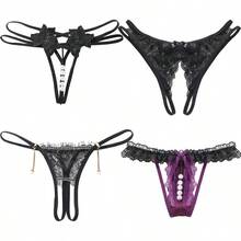 - 4 bragas para mujer, con lazo floral, para ropa interior, espalda en, cintura baja, forma de V, transpirable, paquete de 4, talla - M-G Corto + negro - - Ver 1