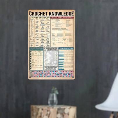 Crochet Knowledge Ultimate Cheat Sheet - 8"X12" Metal Tin Sign, Wall Art Poster For Farmhouse, School, Office Decor.