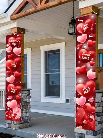 2 piezas Decoraciones de bandera de puerta para el Día de San Valentín, Bandera colgante de poliéster para el Día de San Valentín de 180x30cm, Cartel de bienvenida con corazón rojo para el patio, Decoraciones románticas para el Día de San Valentín para el hogar, Suministros para fiestas interiores y exteriores