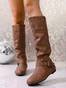 Sepatu Bot Vintage Baru dengan Ujung Bulat, Detail Gesper, dan Resleting Samping, Musim Gugur - Coklat - View 6