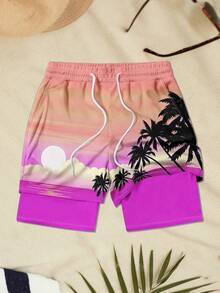 男士双层沙滩风运动泳裤 - 彩色 - 查看 2