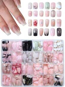 24pcs/Set Medium Square Shiny Colored French Manicure Nail Stickers, Containing Glter, Full Coverage Acrylic False Nails, Inclus 1pc Jelly Gel And 1pc Nail File, Suable For Women And S For Daily Work, Study And Garings - Multicolor 14 - View 11