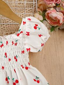 Spring/Summer Valentines Day Girls Dress, Elastic Waist Puff Sleeve Short Sleeve Dress, Cherry Blossom & Bow Print, Sweet & Cute, Casual Everyday/Holiday Outfit - White - View 5