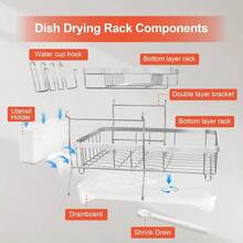 Encimera de cocina estante de secado de platos, estante de acero inoxidable 304 de 2 niveles con tabla de drenaje ajustable, soporte de vasos extraíble, soporte para utensilios - 2 niveles - Blanco - Ver 7